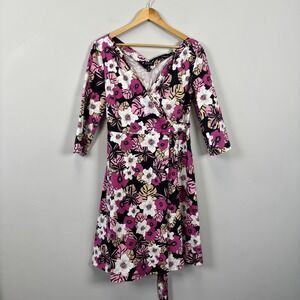 ESCADA SPORT Floral Wrap Midi Dress Black Pink White Size 40 Cotton Half Sleeve